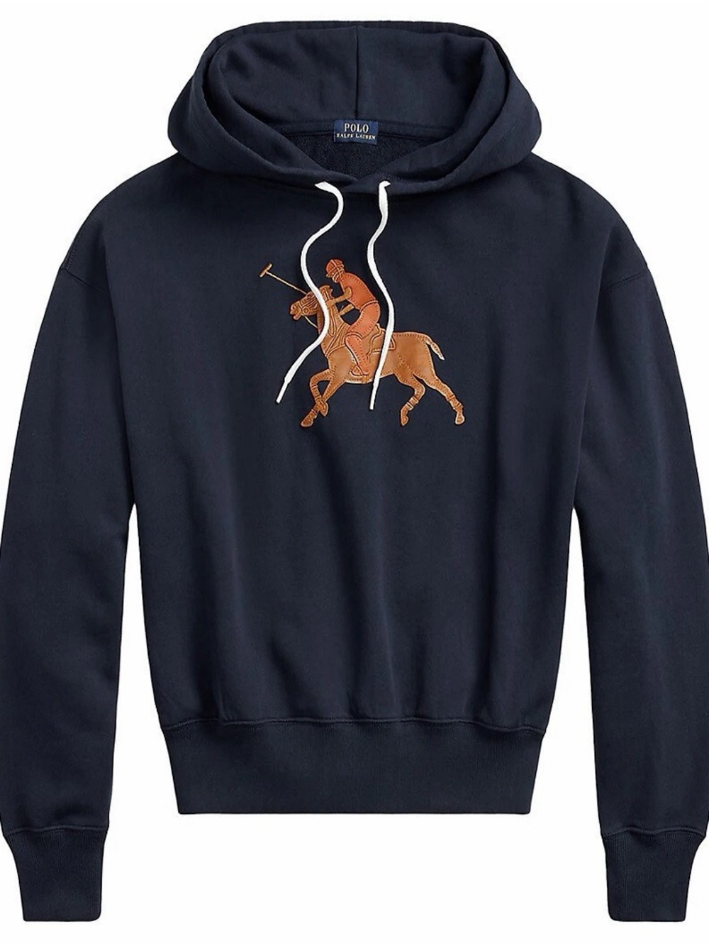 POLO RALPH LAUREN Navy Hoodie Leather Appliqué Big Pony S NWOT